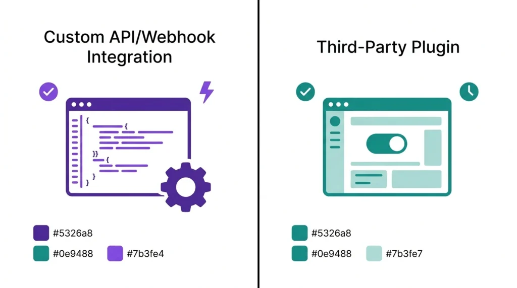 Side-by-side screen recording comparing custom WooCommerce integration setup versus a third-party plugin installation