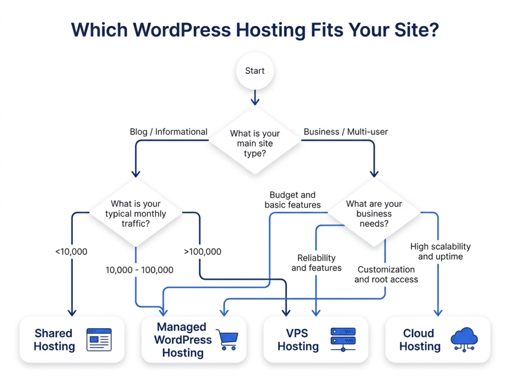Decision flowchart helping site owners choose between shared hosting and managed WordPress hosting based on traffic and site type