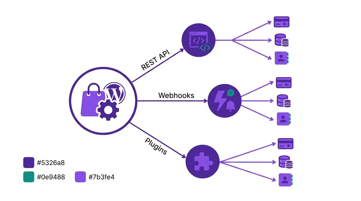 WooCommerce integration architecture diagram showing REST API, webhooks, and plugin connections to external systems