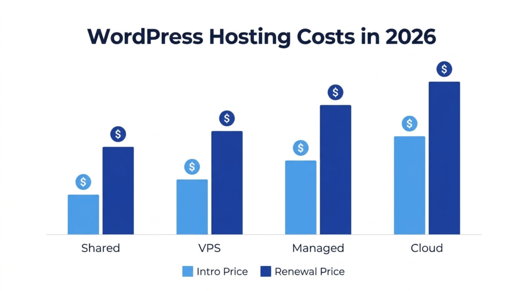 Bar chart comparing WordPress website hosting cost introductory pricing versus renewal pricing across shared, VPS, and managed plans in 2026